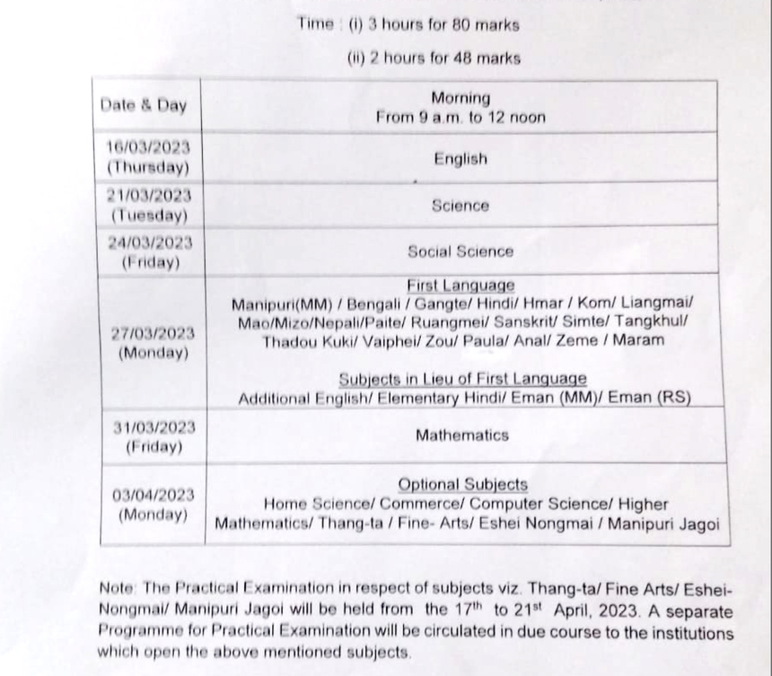 Manipur HSLC Time Table 2023 HSLC Exam Routine 2023